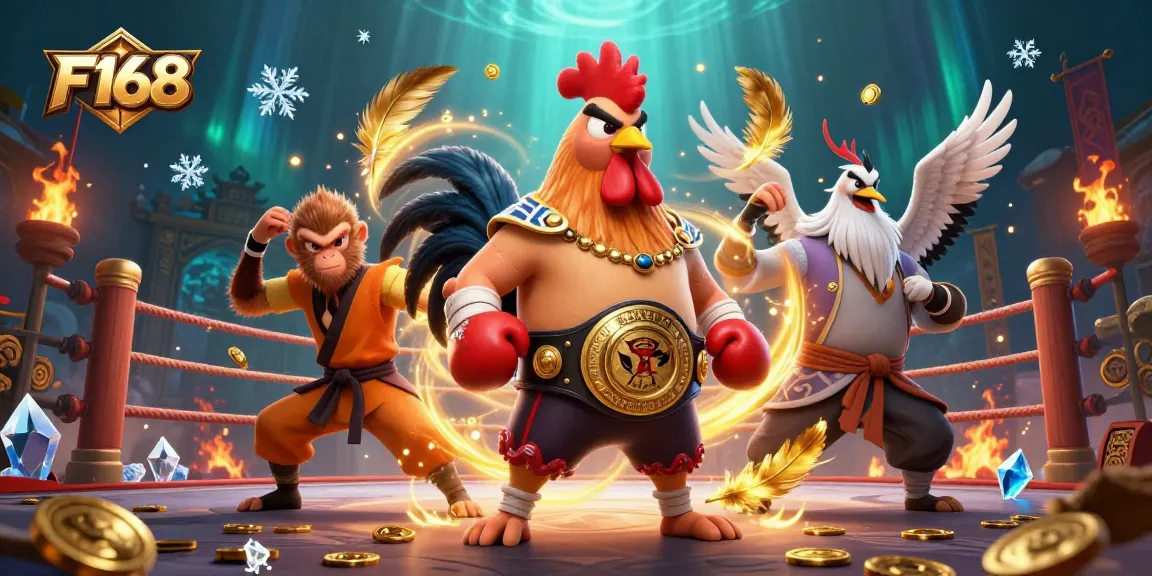 Engage with F168's dynamic casino scene featuring martial artists amidst golden coins and thrilling atmosphere.