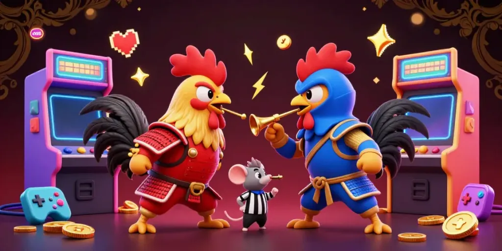Engage with AU88's thrilling rooster battle scene, featuring dynamic character action and exciting casino elements.