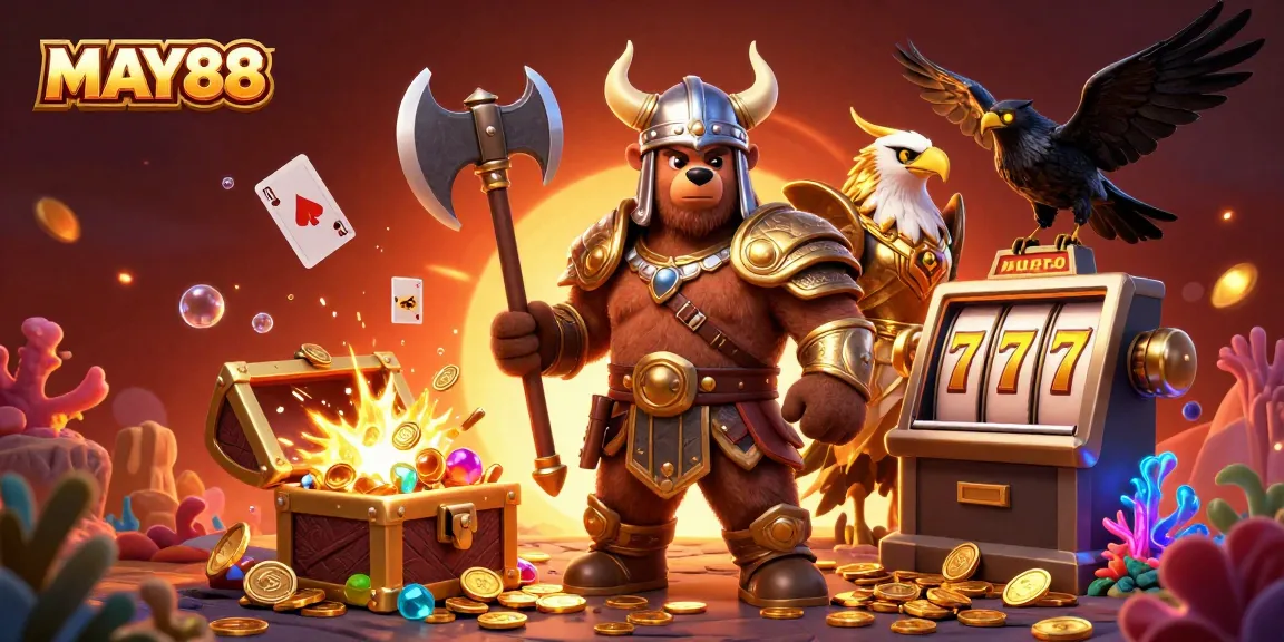 Engage with MAY88's vibrant casino scene featuring Viking characters and explosive treasure elements.