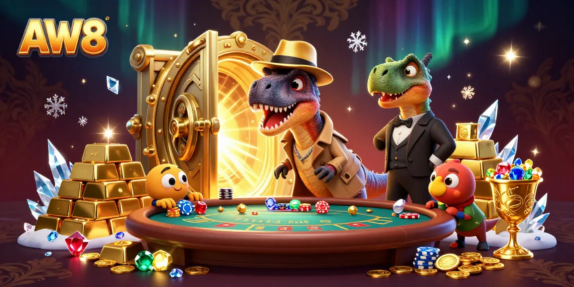 AW8 showcases a velociraptor card counter in a casino scene filled with gold and luxury elements.