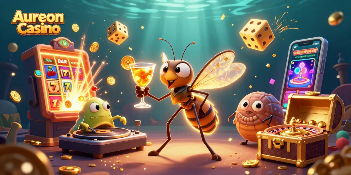 Aureon Casino showcases a 3D mosquito mascot holding a cocktail with casino elements in an exciting scene.